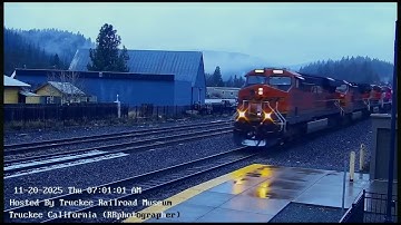BNSF power leads a manifest with BNSF 6078 and FXE Zebra unit in Truckee, CA
