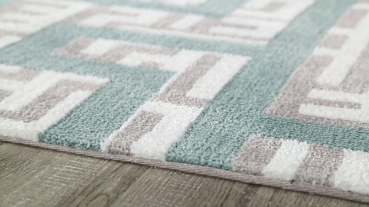 Nahia Geometric Maze Area Rug in Ivory, Light Gray and Sky Blue