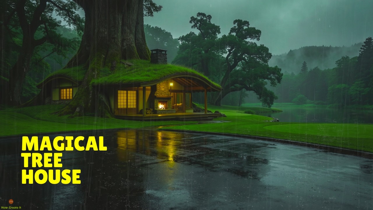 Peaceful Rainy Evening At A Cozy Forest Tree House Beside A Quiet Lake With Warm Fireplace Glow