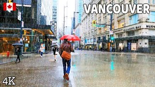 🇨🇦 【4K】⛈️⛈️⛈️ Heavy Rain in Downtown Vancouver BC. Travel Canada. Relaxing Walk. February 2024.