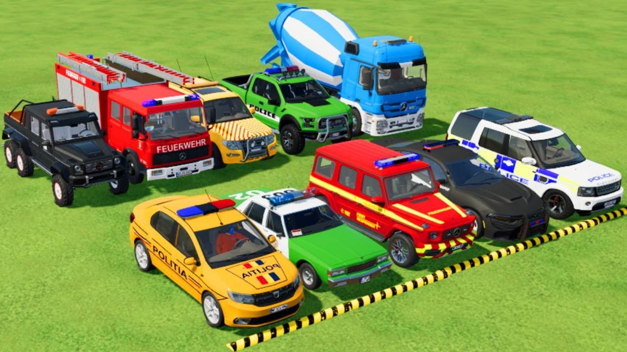 TRANSPORTING POLICE CARS, AMBULANCE, FIRE TRUCK, COLORFUL CARS WITH TRAIN -FARMING SIMULATOR 22!