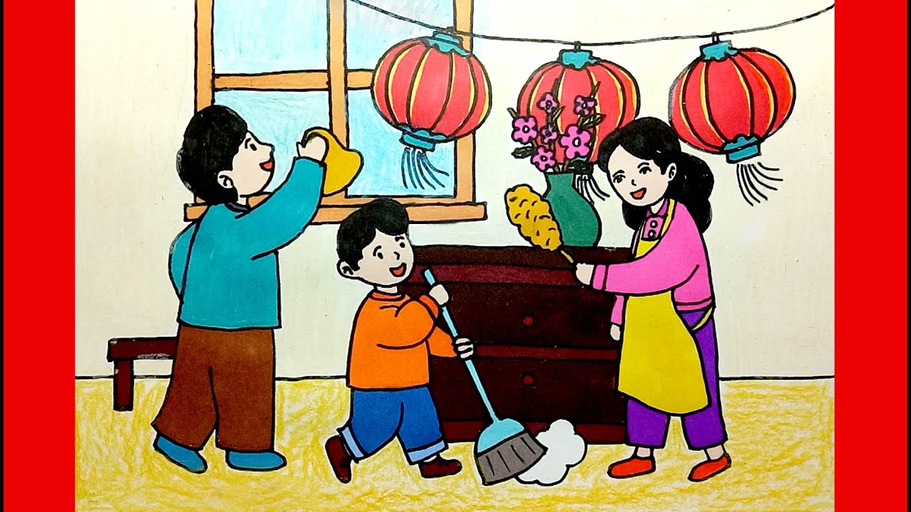 Vẽ tranh gia đình em dọn nhà đón Tết | Cách vẽ tranh... - youtube