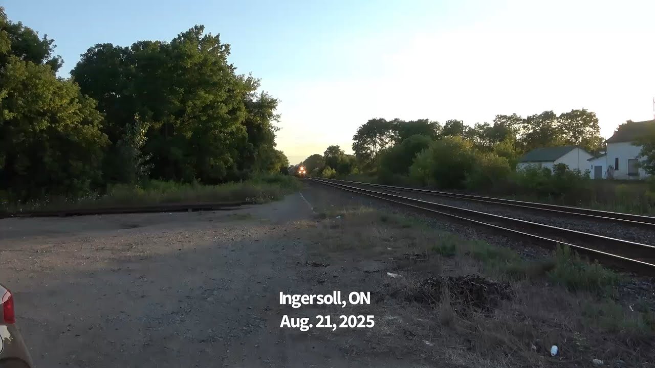 Ingersoll, ON.  CN railway mixed freight train, eastbound with power by 2808 & 2980..