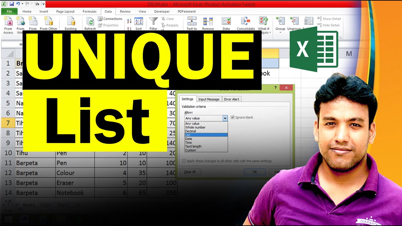 Unique List in MS Excel in Assamese Language