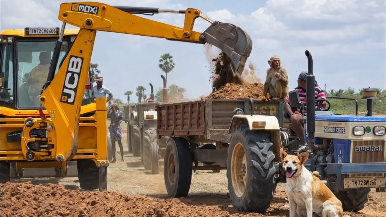 “JCB machine Loading Soil into an Arjun 555 tractor Trolley | JCB working video 