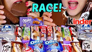 Asmr chocolate candy bar race eating (oreo chocolate, pop corn kitkat,
milka bar, klondike ice cream, kinder bueno, galaxy cake bars, haunt,
strawb...