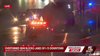 ODOT: Semi overturns on I-75 after hitting median, sending debris