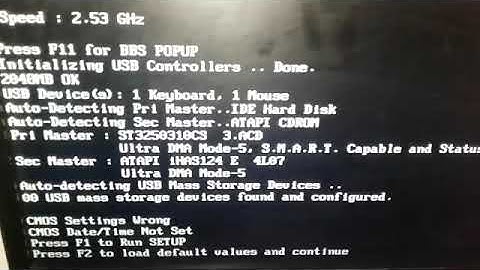 press F1 to Run setup ,.  press F2 to load and default values and continue