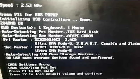 press F1 to Run setup ,.  press F2 to load and default values and continue