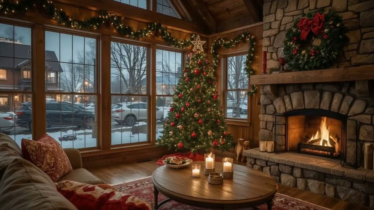 Relaxing Winter Snowfall with Soft Jazz Music on Cozy Cabin Ambience ⛄ Fireplace Sounds