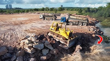 Ep18- Most Incredible Action Ever Show Both Dozer Push Rocks To Water, Komatsu D65E, D61EX