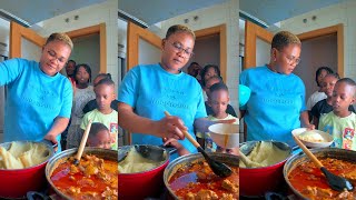 Dishing out Fufu With Peanut palm nut goat meat Soup for my Family of 6