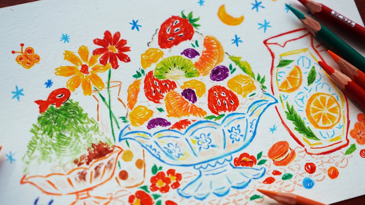 빙수 그리기 / 프리즈마 색연필  / Ice Flake with fruits