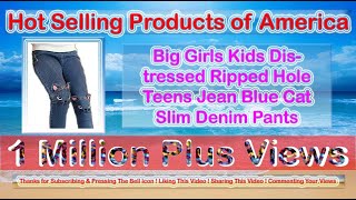 Big Girls Kids Distressed Ripped Hole Teens Jean Blue Cat Slim Denim Pants screenshot 4