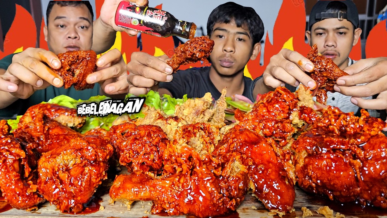 MELEDAK ! MUKBANG FRIED CHICKEN SIRAM SAUS SAMYANG + LALAPAN MENTAH, PEDAS TAPI NAGIH