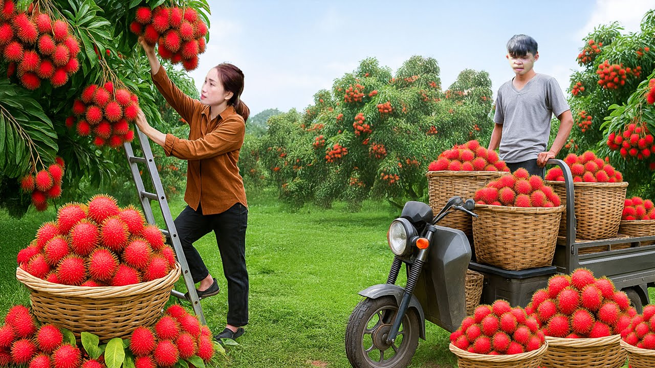 TIMELAPSE -- Harvesting Giant Rambutan Laden Tree, Use a 3-wheel Transport 1000+ Rambutan to sell