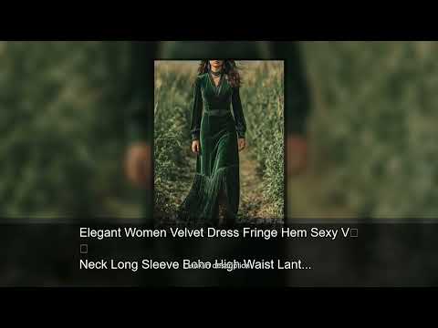 Elegant Women Velvet Dress Fringe Hem Sexy V Neck Long Sleeve Boho High Waist Lantern Sleeves A