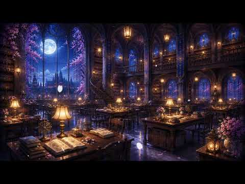 【4K】Moonlit Sakura Library 🌸🌕 Fantasy Night Ambience for Study, Sleep & Reading