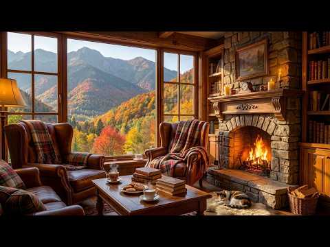 Autumn in the Swiss Alps ☕ 🏔️ Cozy Mountain Cafe & Crackling Fireplace for Work