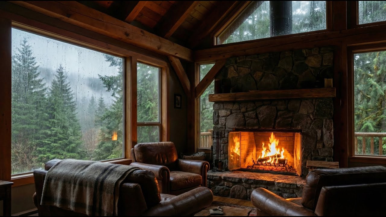 Cozy Cabin Rain & Fireplace Sounds | Forest Ambience for Deep Sleep & Relaxation