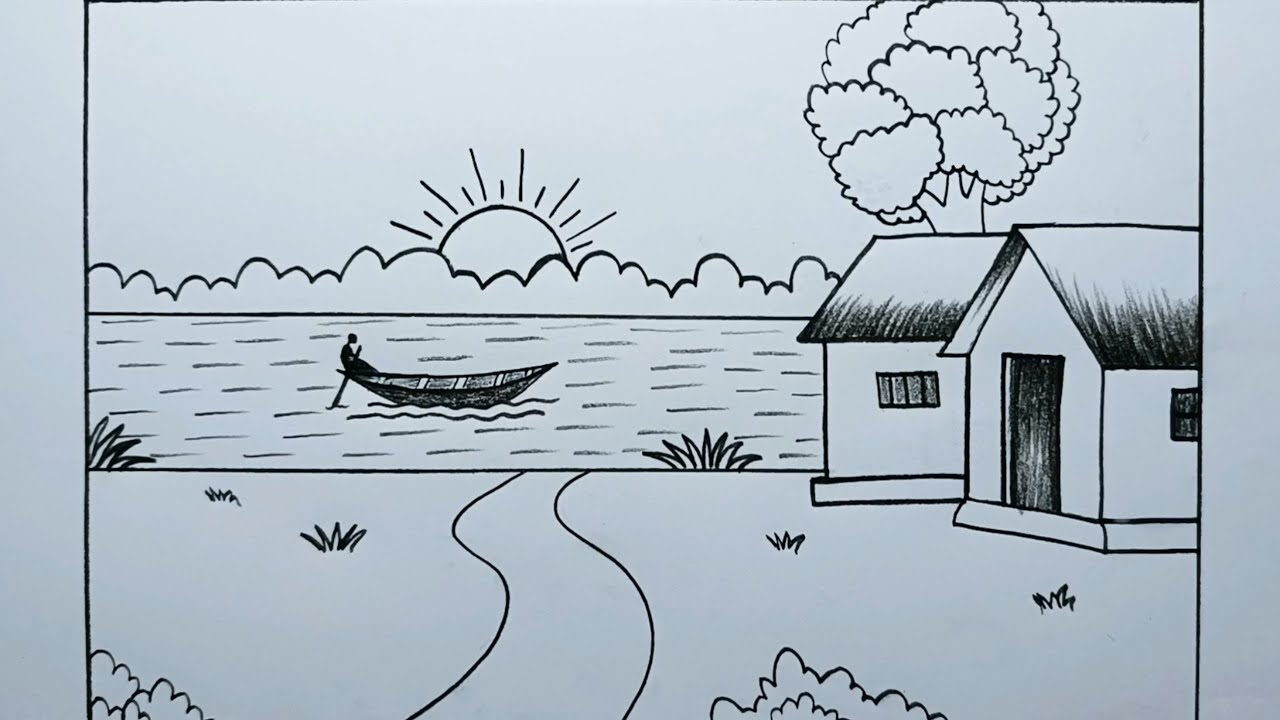How to draw riverside village nature | Village Scenery Drawing With Pencil |