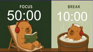 2 Hour Pomodoro Timer （50/10）green Noise for Deep Focus | Adhd friendly | Study with Capybara
