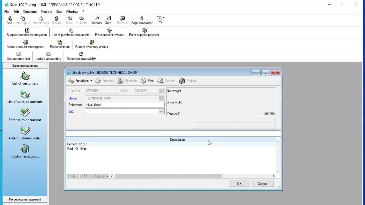 SAGE 100 TRADING: How to record the initial stock
