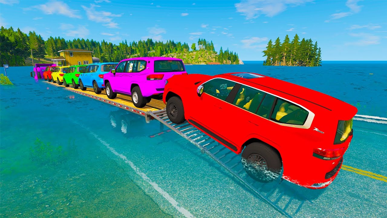 Triple Flatbed Trailer McQueen Transportation with Truck - Speedbumps vs Cars vs Train - BeamNG #13