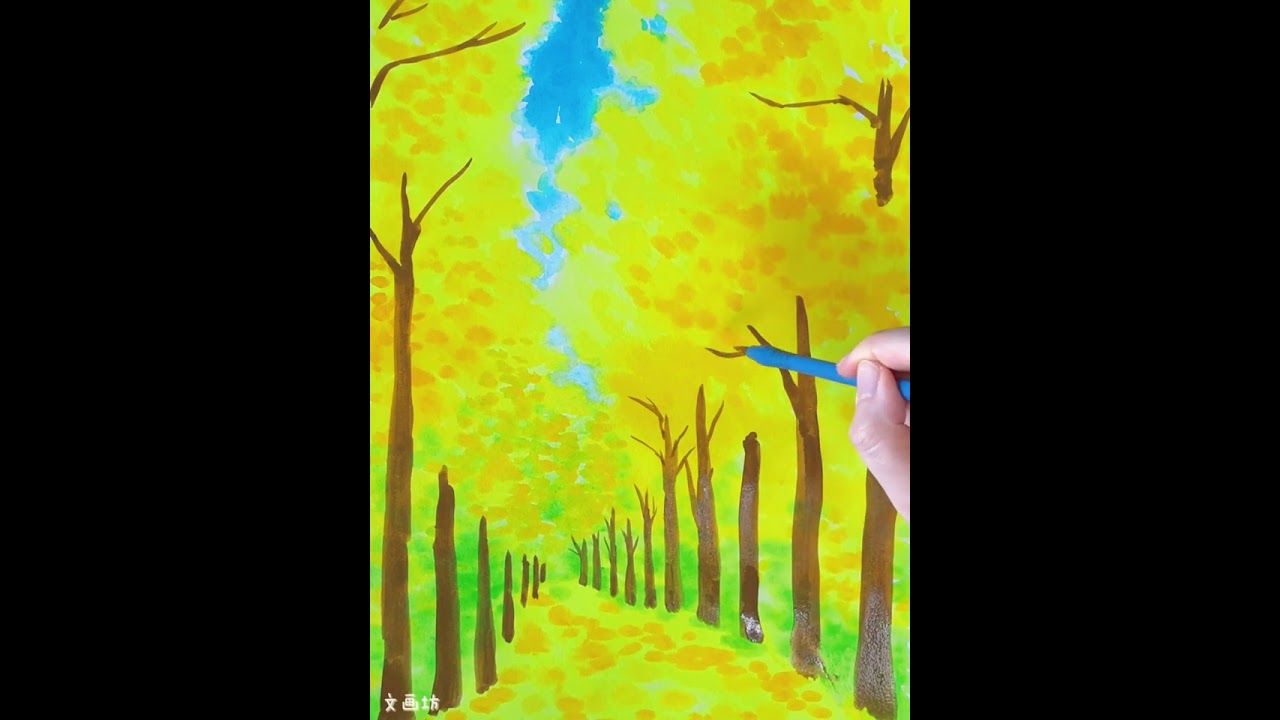 水彩画　小学生の絵 小学生でも水彩絵の具で簡単！遠近感を意識してイチョウ並木の風景を描