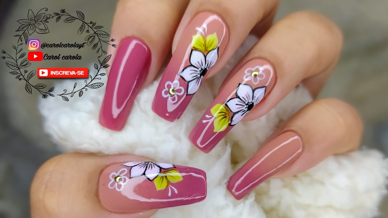 unhas decoradas flor carga dupla + degradê