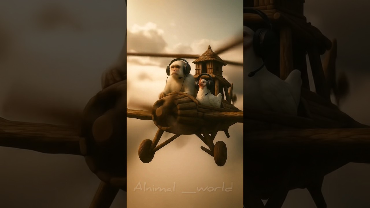 Grandma makes a plane and the monkey and the chicken fly the plane.