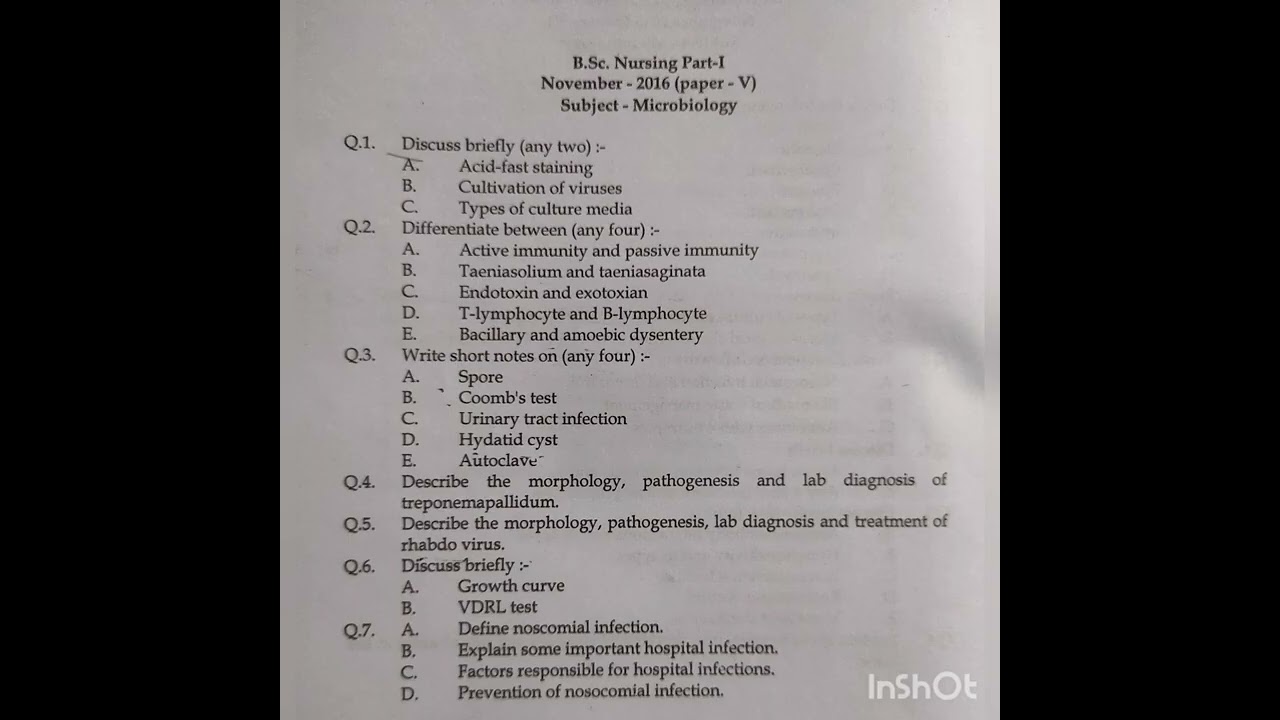 B.sc Nursing first year previous year microbiology question paper /RUHS