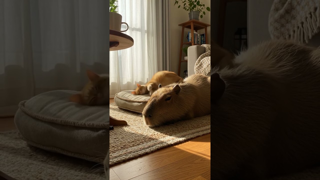 Sunbeam Serenity: Cat Naps on Capybara in Cozy Home 