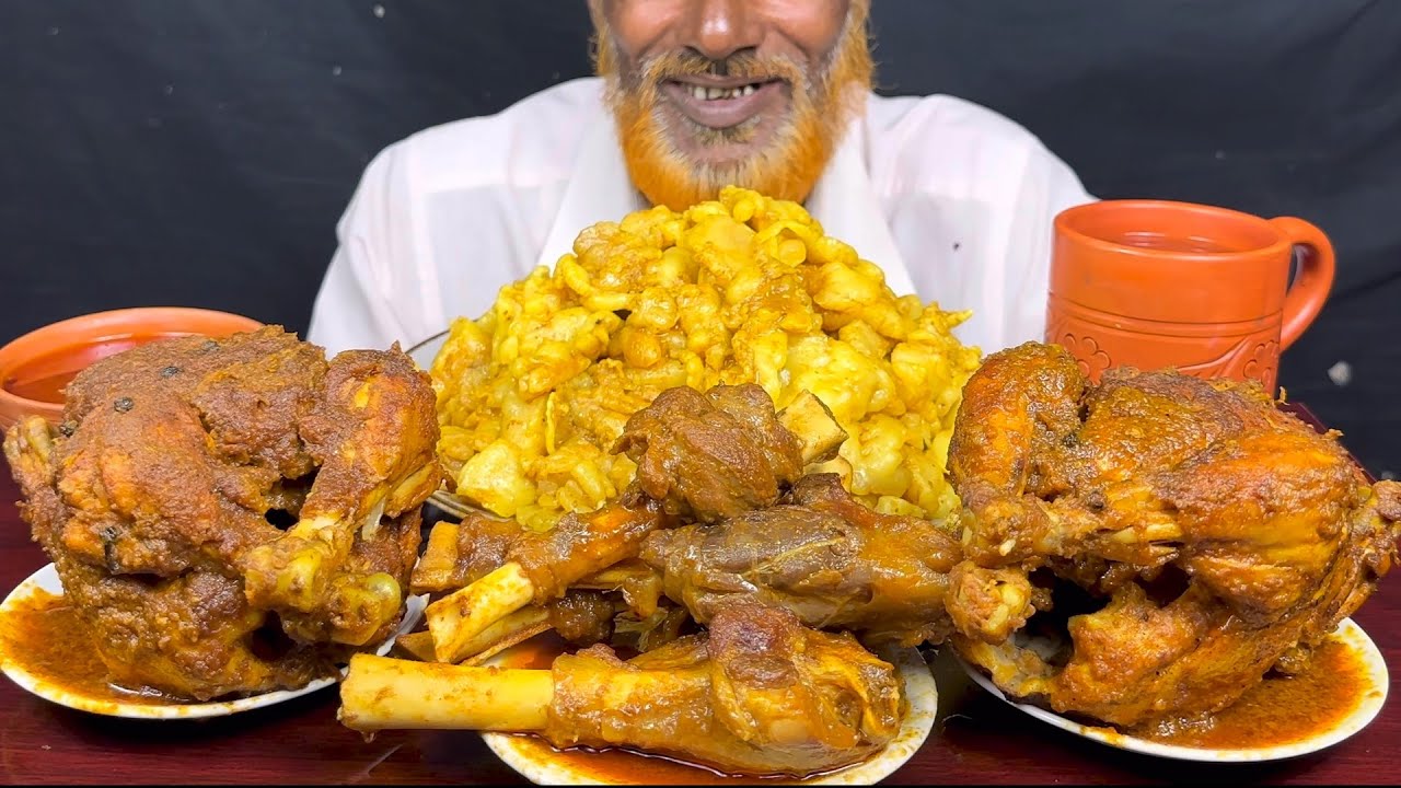 ASMR Spicy Two Whole Chicken Roast, Mutton Nalli Curry, Mutton Fat Curry with Rice Eating Show