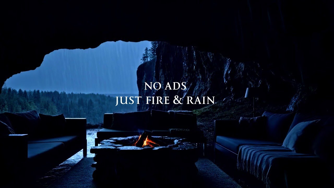 No Ads - Cozy Cave Rain Sounds with Fireplace | Calm Night for Better Sleep