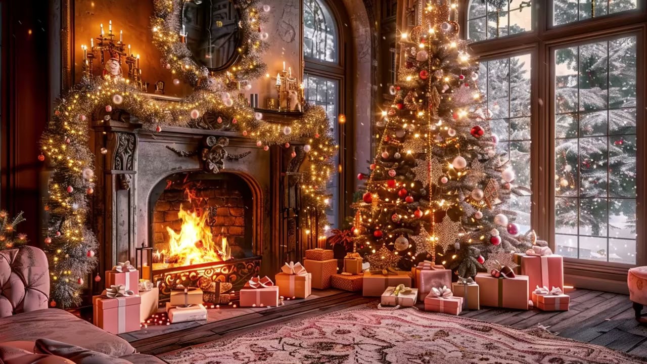 Blissful Pink Christmas Dream Scene | Fireplace Fire, Falling Snow | Christmas Ambience | Deep Relax