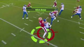 Nick Bosa throws Matthew Stafford to the ground as he gets the sack