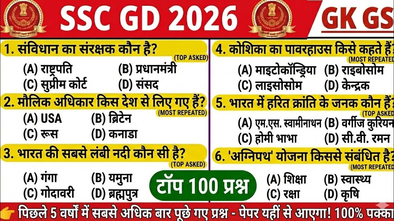 🔴 SSC GD 2026 GK/GS | Top 100 Most Expected Questions | पेपर यहीं से आएगा! रट लो 100% Selection 🏆