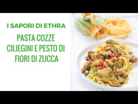 Pasta cozze ciliegini e pesto di fiori di zucca