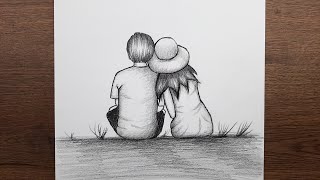 Kolay sevgililer günü resmi nasıl çizilir - 14 şubat hediye resmi çizimi - Kız ve erkek çizimi