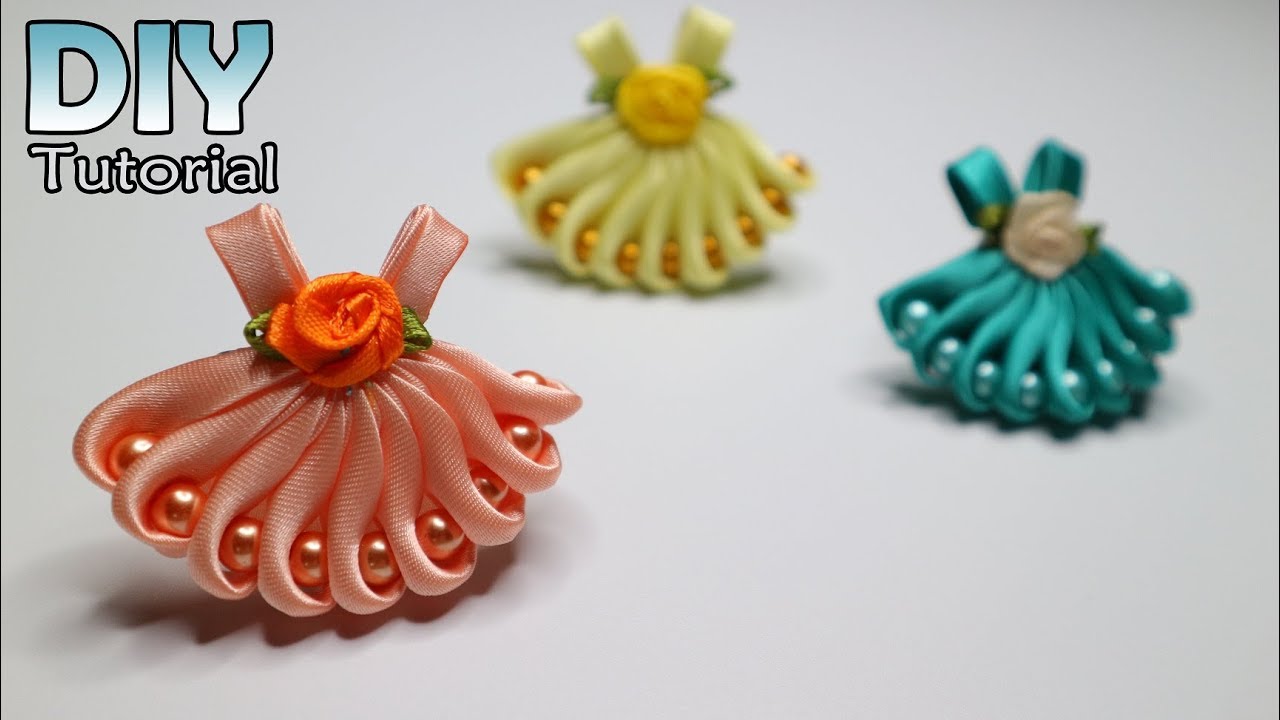 DIY - How to make kanzashi little dress | Satin ribbon | Hair clips | Bros Gaun | Jepit rambut