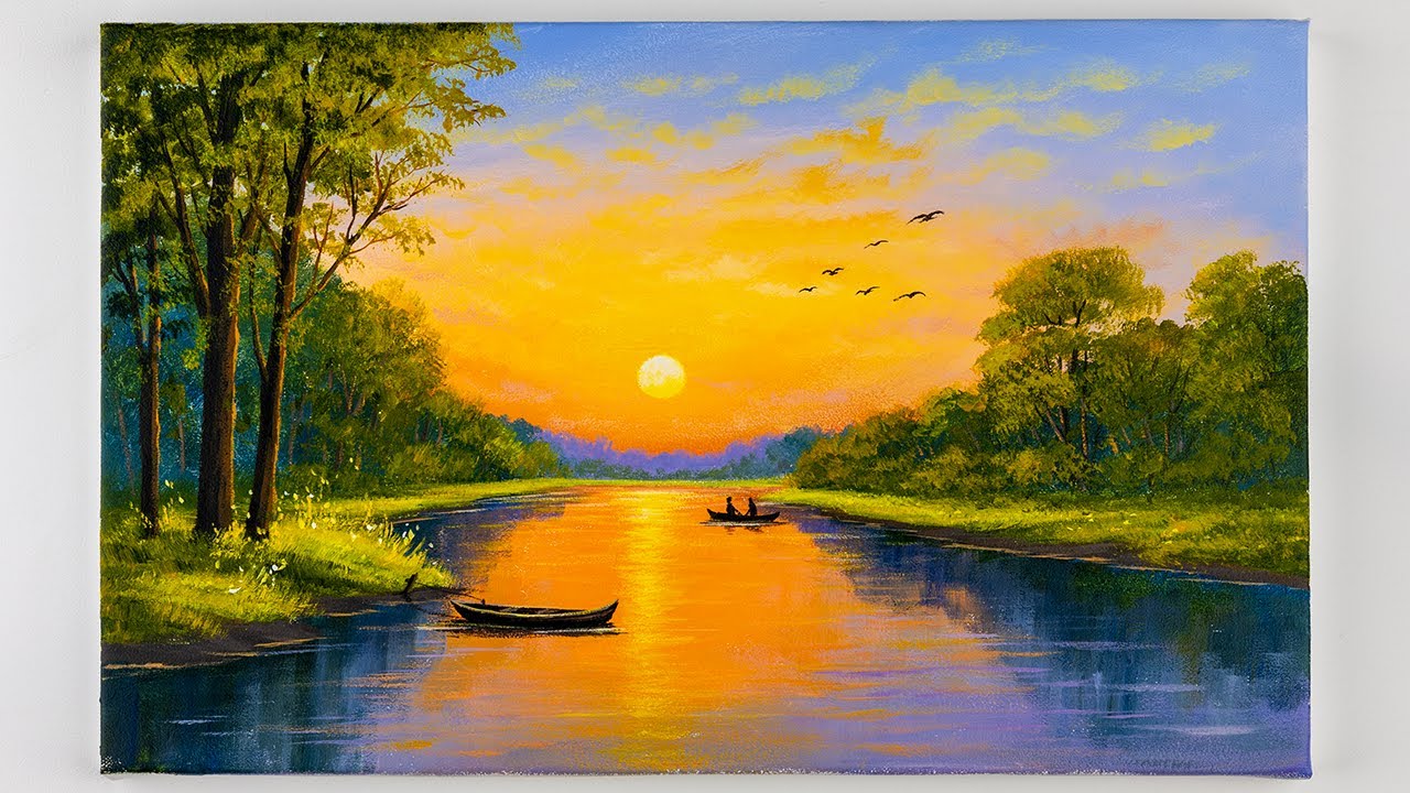 Sunset landscape painting easy / Acrylic painting 