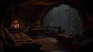 No Ads, Cozy Cave Retreat 🌧️🔥Rain, Fireplace \u0026 Soft Thunder for Deep Sleep on a Stormy Night😴