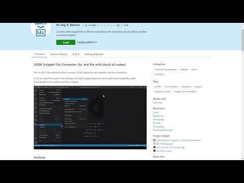 Installation of VS Code JSON snippets to Markdown File Documentation | VS Code Extension