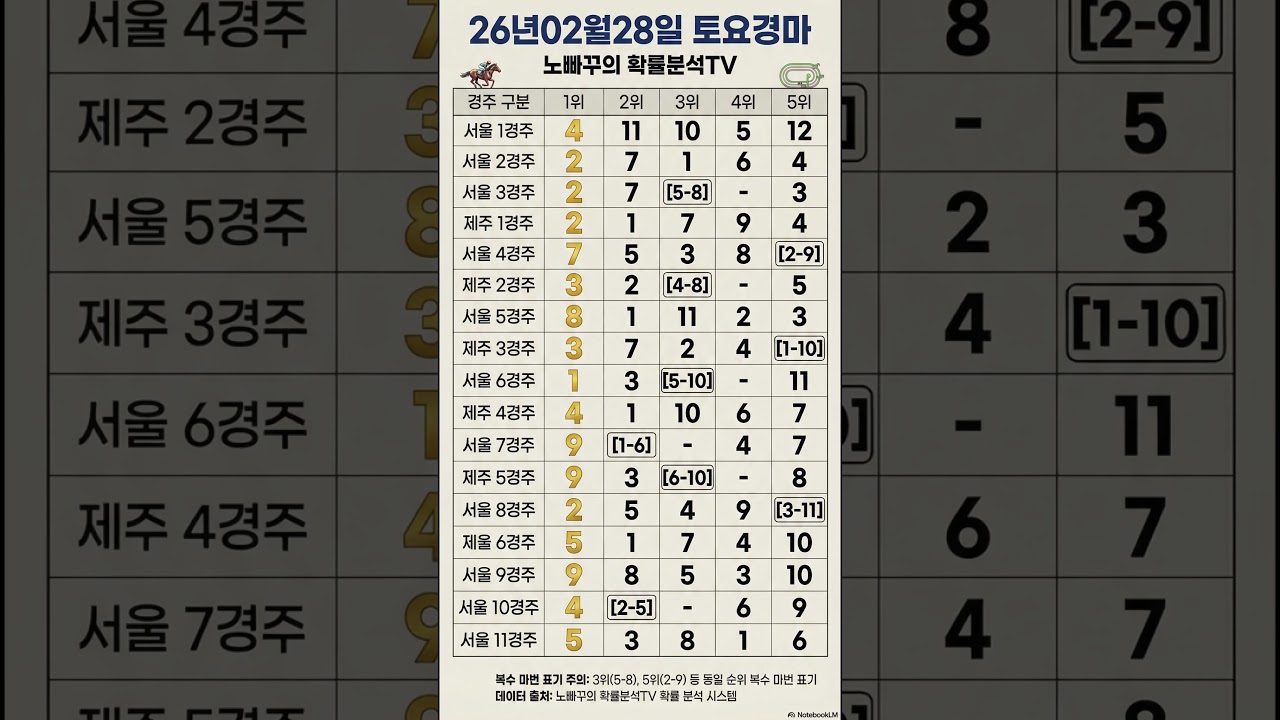 260228 (토) 토요경마 | 노빠꾸의 확률분석 마번 | 잘 조합해서 고배당 잡으세요 | #경마 #경마정보 #경마예상마번 #이번주경마 #이번주경마예상 #금요경마 #금요경마예상