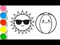 Cute beach theme drawing | Sun and ball tutorial for kids