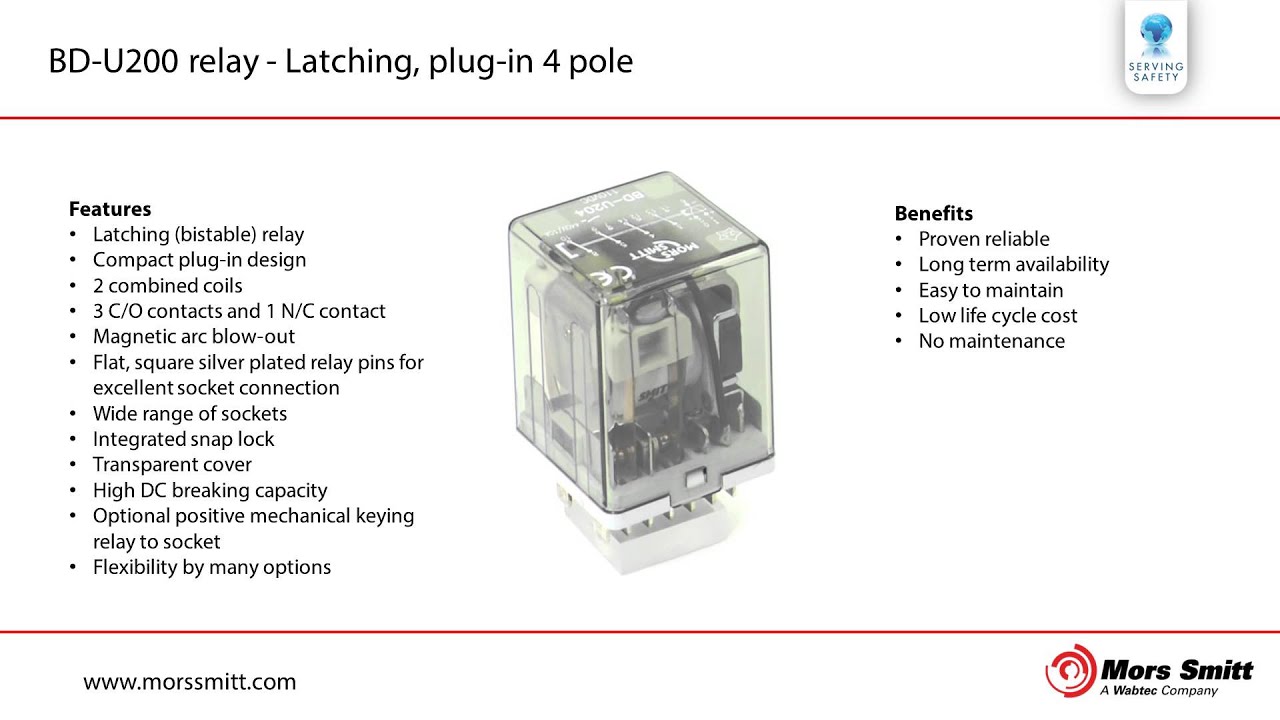BD U200 relay - Latching, plug in 4 pole - YouTube