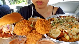 ASMR EATING SOUND NASVILLE HOT CHICKEN SANDWICH MAC N CHEESE BALLS CHEESE FRIES CAR MUKBANG TWILIGHT