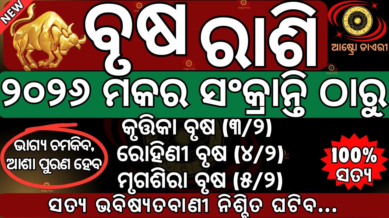 ବୃଷ ରାଶି ୨୦୨୬ ମକର ସଂକ୍ରାନ୍ତି ଠାରୁ ଚମକିବ ଭାଗ୍ୟ ପୂରଣ ହେବ ଆପଣଙ୍କ ଆଶା, କିନ୍ତୁ ଆପଣଙ୍କ ନକ୍ଷତ୍ର... Brusha