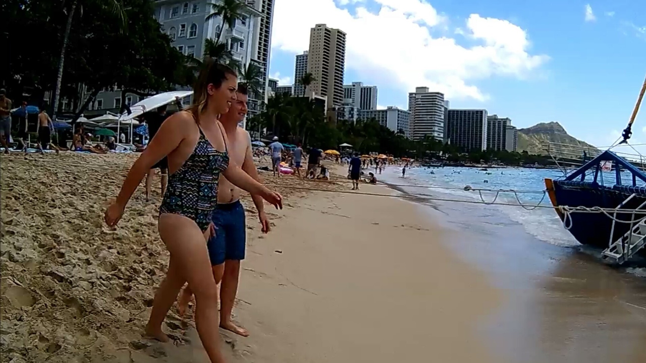 surfers security Waikiki Beach, Honolulu, Hawaii: HD Wide Angle Camera Stroll Along the Beach